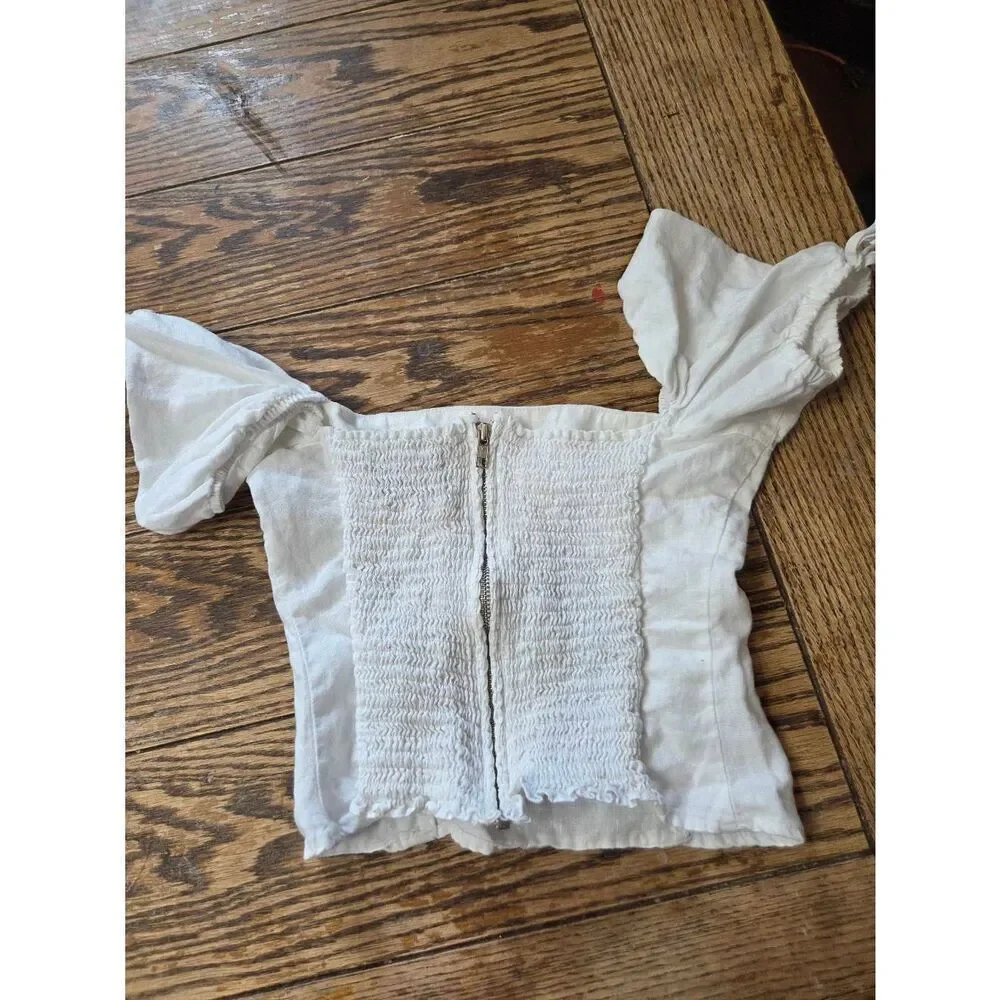 Reformation River crop top puff sleeve In White Sz 0